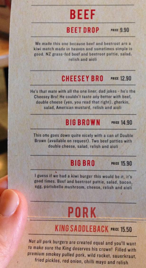 NZ restaurant menu Velvet Burger ChCh Beef Pork