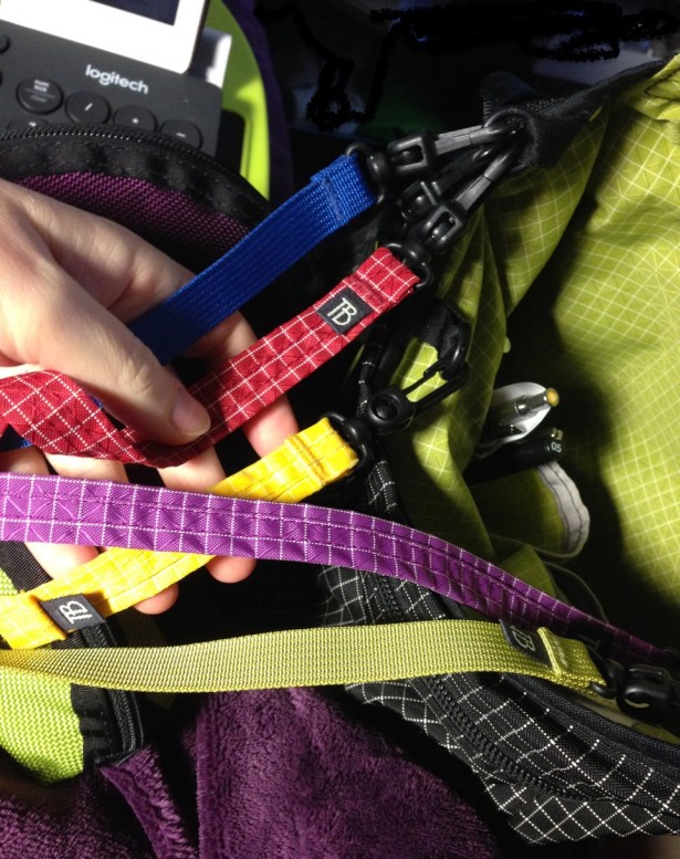Colorful Tom Bihn Key Straps attached to Cafe Bag
