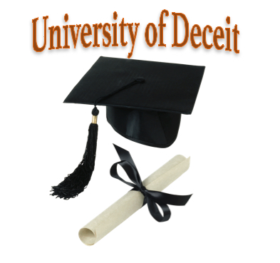 Graduation cap and degree captioned University of Deceit
