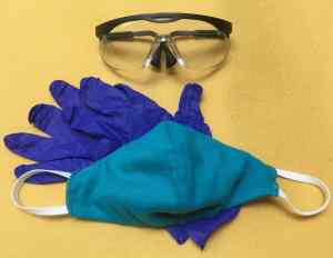 Safety goggles, cloth face mask, and disposable gloves