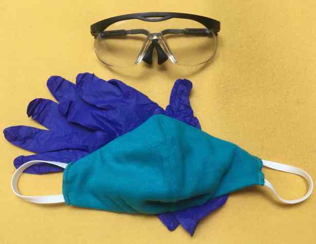 Safety goggles, cloth face mask, and disposable gloves