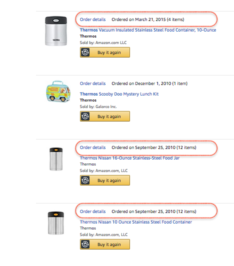 Amazon order list showing March 2015 and September 2010 purchase of Thermos brand insulated food jars