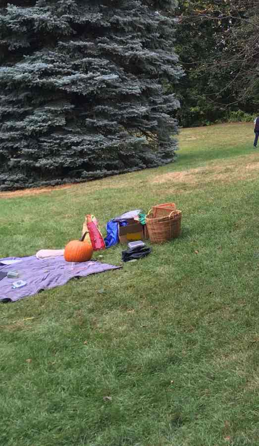 Blanket spread on lawn with pumpkin, pencils, etc.