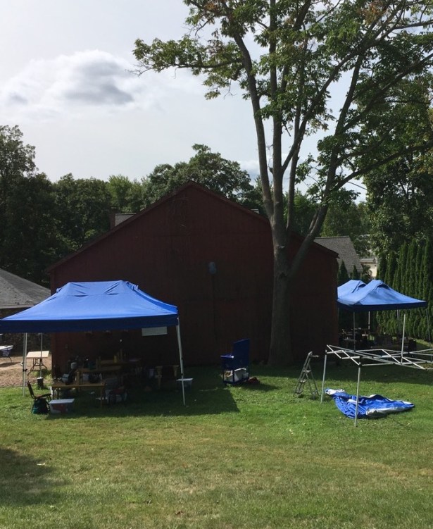 Dismantled tent frame and fabric next to remaining erect EZ-Up style canopy