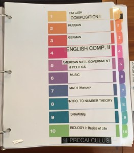 Binder page listing high school courses for grade 10