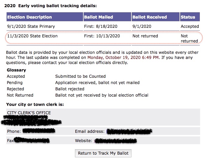 Screen shot of ballot tracking page from state web site showing state election
