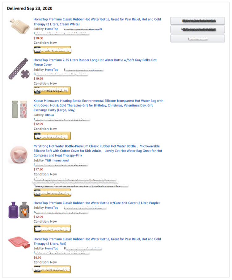Amazon order invoice dated September 2020 for six hot water bottle products