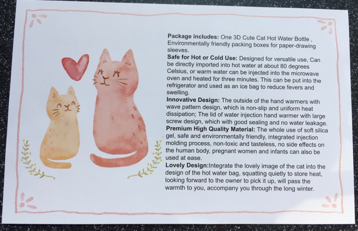 cat hot water bottle instructions pg 1