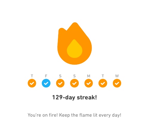 Screen grab from DuoLingo showing 129-day streak achievement