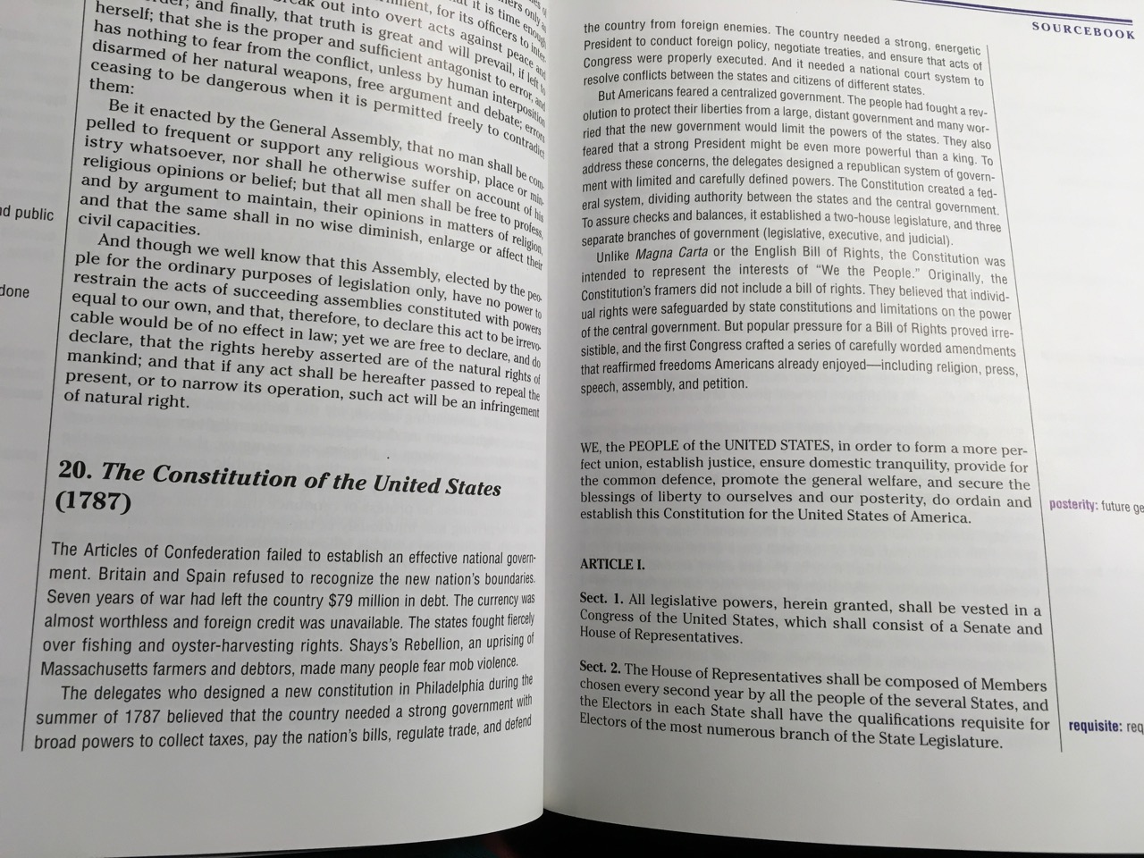 Text of the Constitution of the United States in history book