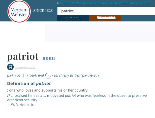 Merriam Webster dictionary definition of patriot from website