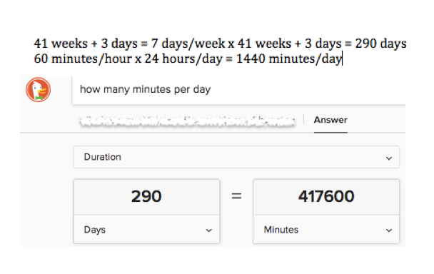 Calculation of 41 weeks + 3 days times minutes per day = 417,600 minutes