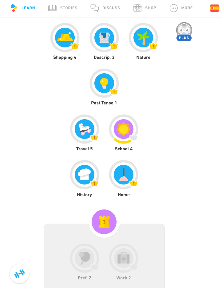 DuoLingo screen shot showing one more Topic to complete before Checkpoint 3 Castle is reached