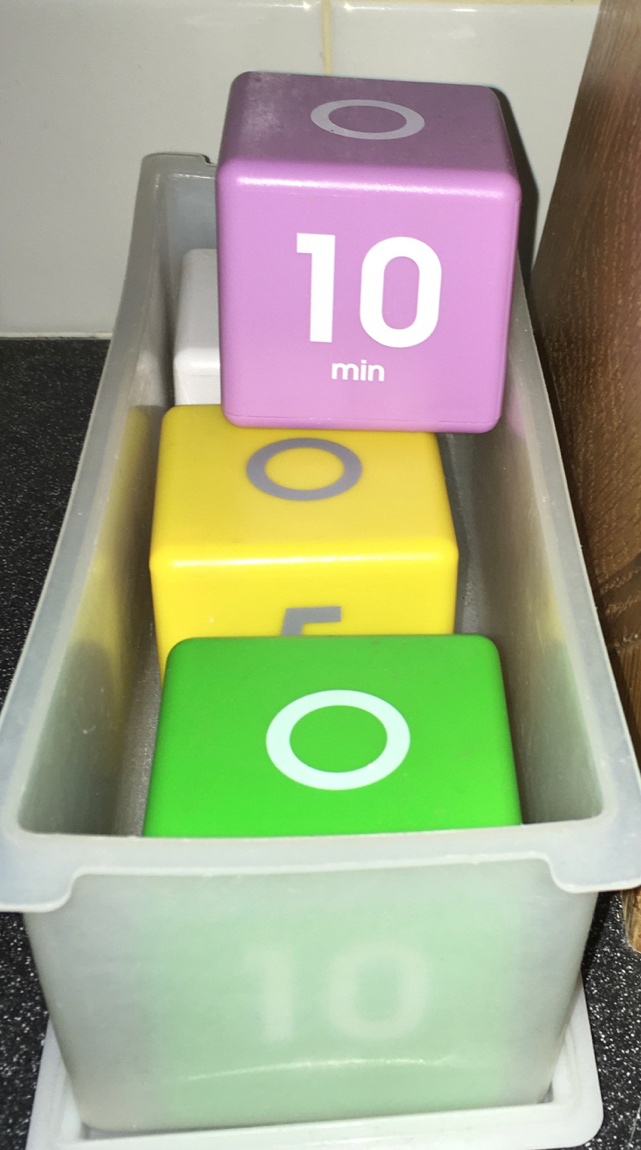 Datexx TimeCube timers, white, purple, yellow & green