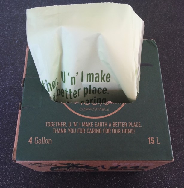 UNNI 4 gallon compostable bags in cardboard package
