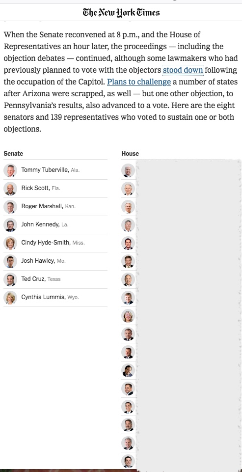 Screenshot from NYT article listing 8 Senators and 139 Reps who objected to Nov 2020 electoral votes for president