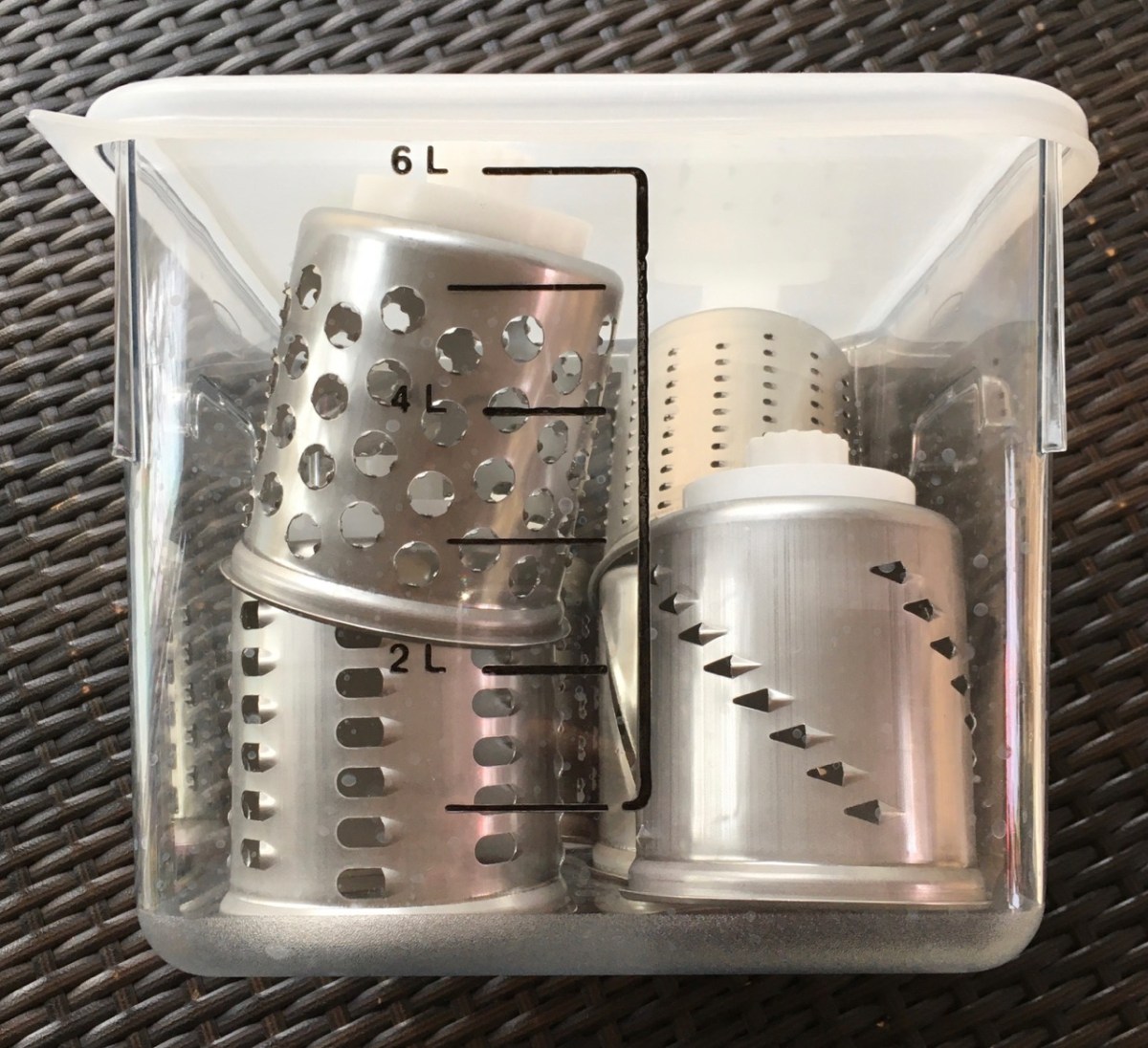 Rubbermaid Commercial square 6 qt container holding set of Family Grain Mill food processor heads