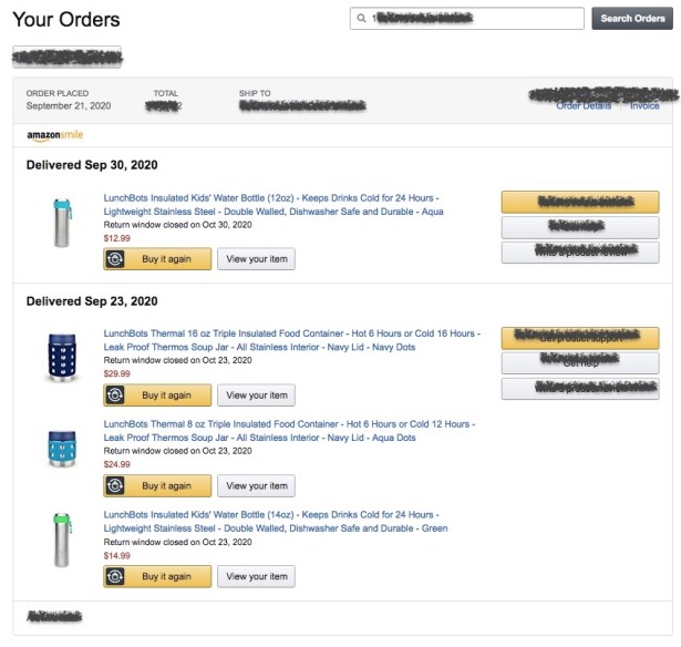 Amazon invoice for LunchBots order including Thermal food jar and insulated stainless steel water bottle