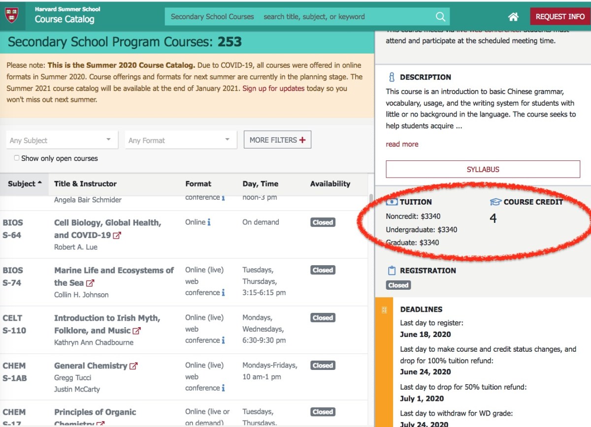 Harvard U summer school high school program showing tuition of $3340 for noncredit/undergraduate Chinese