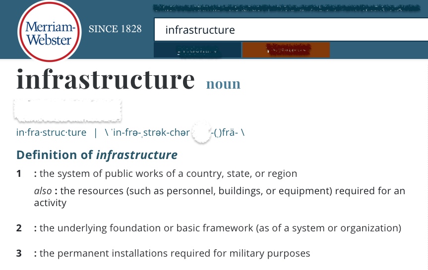 Merriam Webster dictionary definition of infrasctructure, the system of public works of a country, etc.