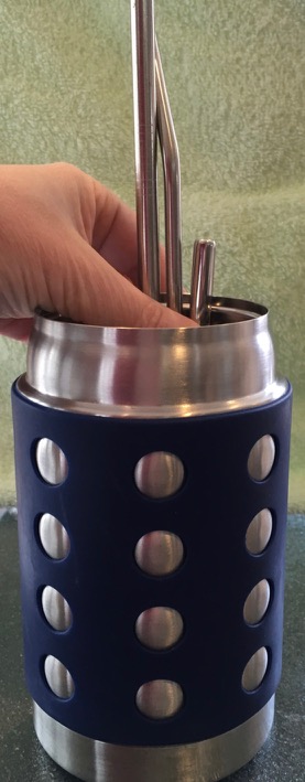 Tall straws protruding almost halfway out of 16 oz Thermal while Mini straw just peeps above rim