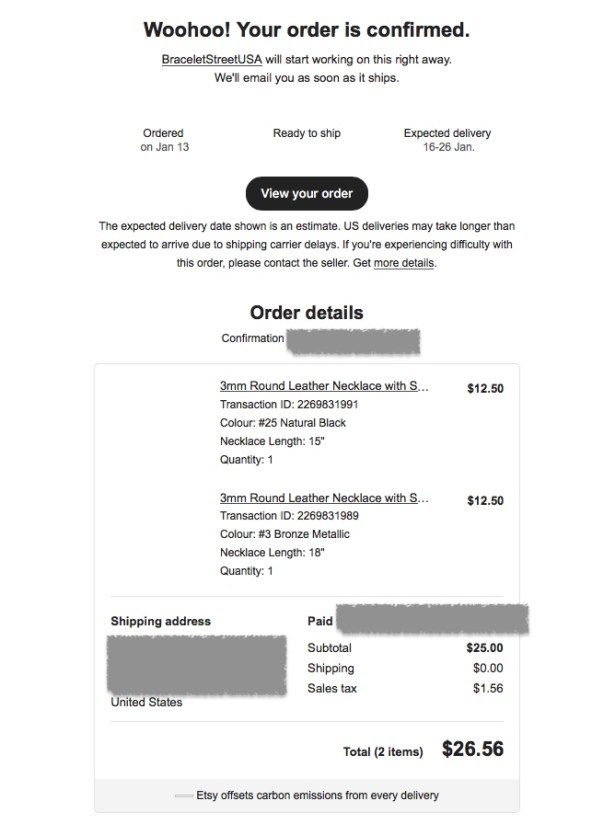 Etsy order confirmation for two 3mm round leather necklaces with magnetic clasps