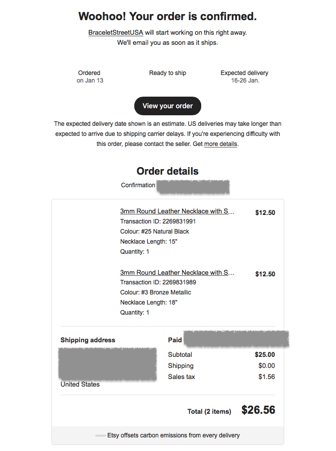 Etsy order confirmation for two 3mm round leather necklaces with magnetic clasps