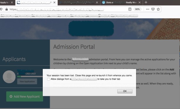 Your session has been lost error message, including advice to "re-launch it from whence you came"