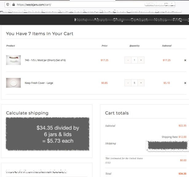 Weck jar shopping cart showing item cost and totals for six jars and lids