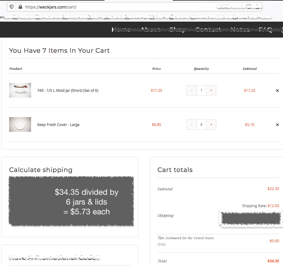 Weck jar shopping cart showing item cost and totals for six jars and lids