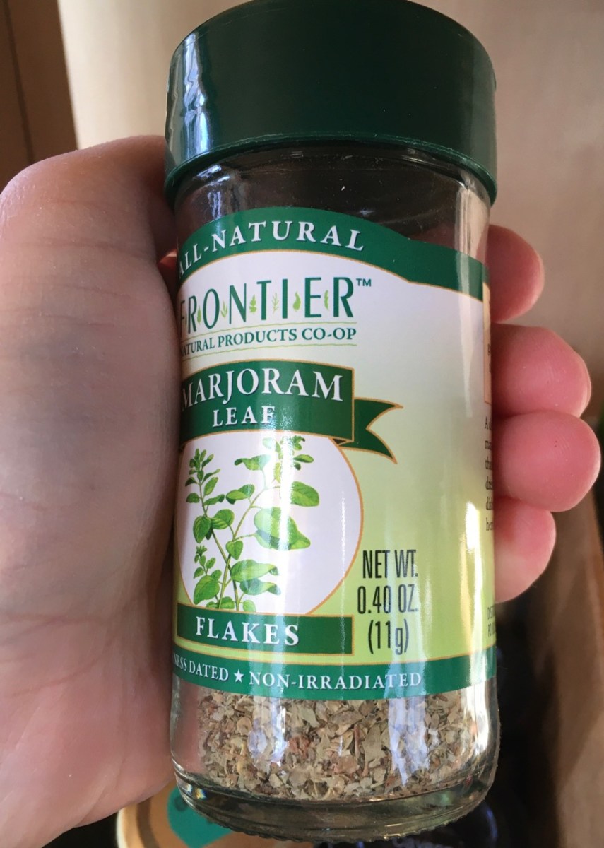 Frontier Marjoram in round glass bottle, 0.4 oz
