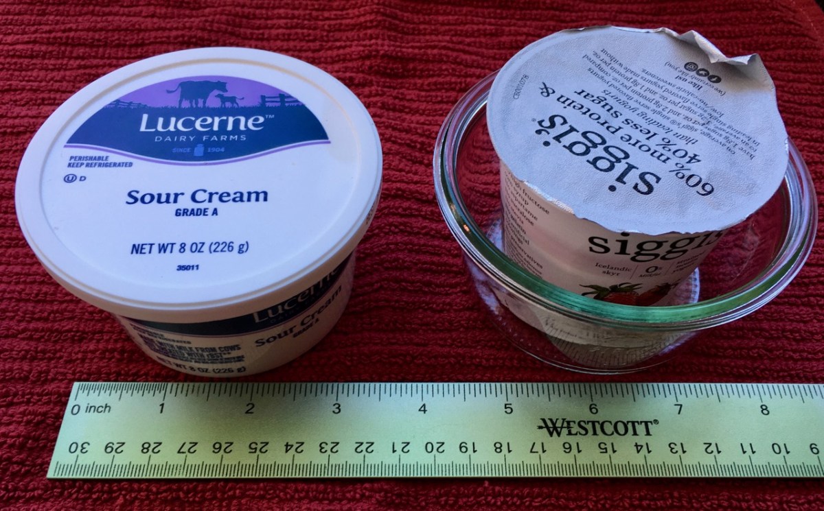 8 oz Lucerne sour cream tub shown next to similar sized Weck 1/5 Mold Jar 740 with a yogurt cup inside of that for comparison