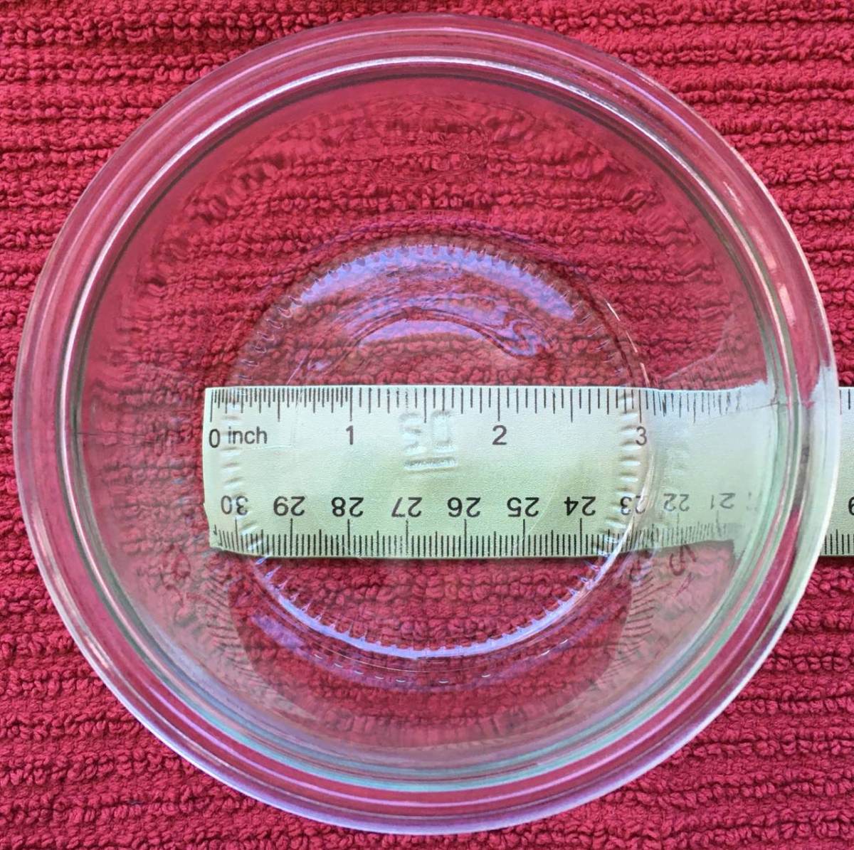 Glass Weck Mold jar 740 on ruler showing 3" diameter base and 3-7/8" diameter rim