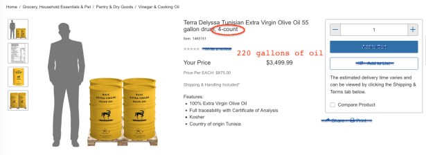 screen shot showing 220 gallons of olive oil for $3500
