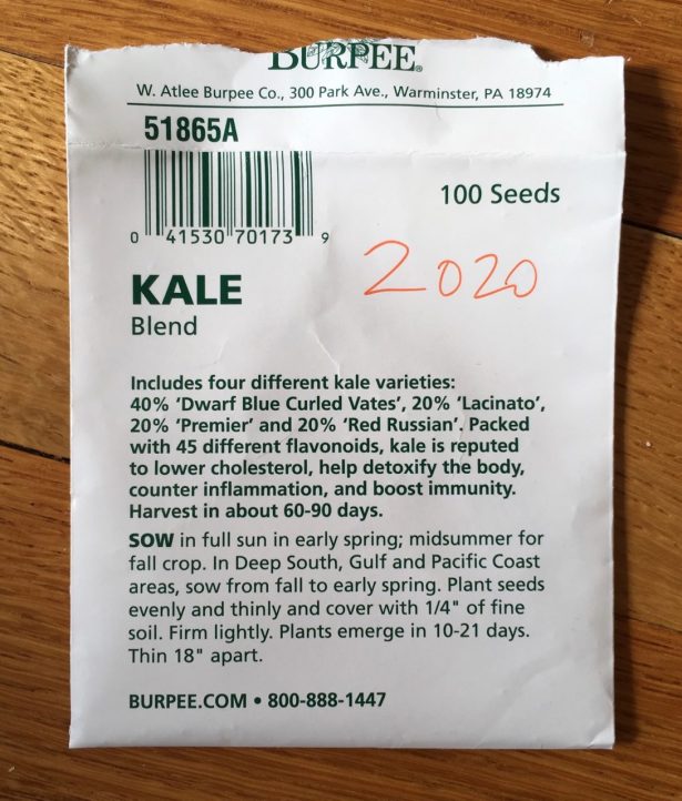 Open Burpee Kale Blend seed packed with 2020 scrawled on it