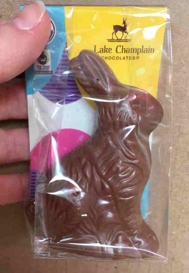 palm-sized chocolate bunny held in hand