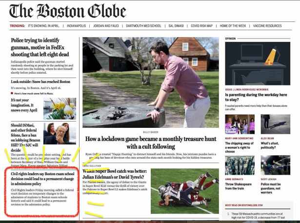Boston Globe online edition with Civil Rights suit article circled