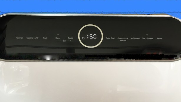 Shiny black touchscreen panel for selecting appliance cycles and other functions
