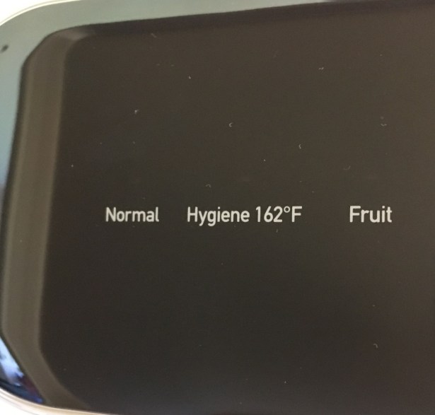 compact dishwasher settings shown: Normal, Hygiene 162 F, Fruit