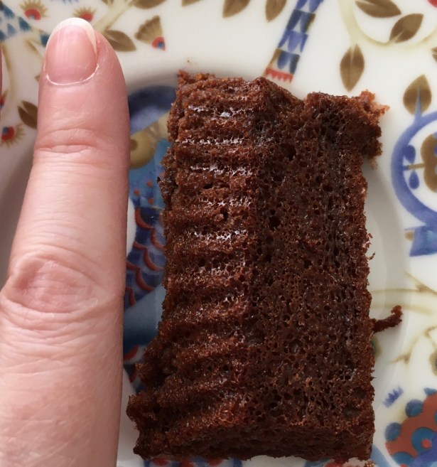 Sun oven baked mini chocolate cake about two fingers wide and a finger long