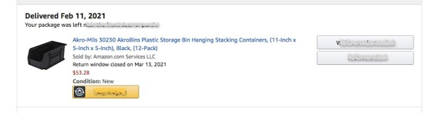 Excerpt from Amazon.com invoice for a dozen Akro-Mils 30230 plastic containers sold for $53.28