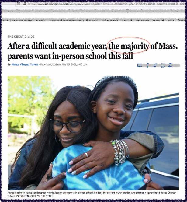 Boston Globe article headline with "the majority" highlighted by this blogger