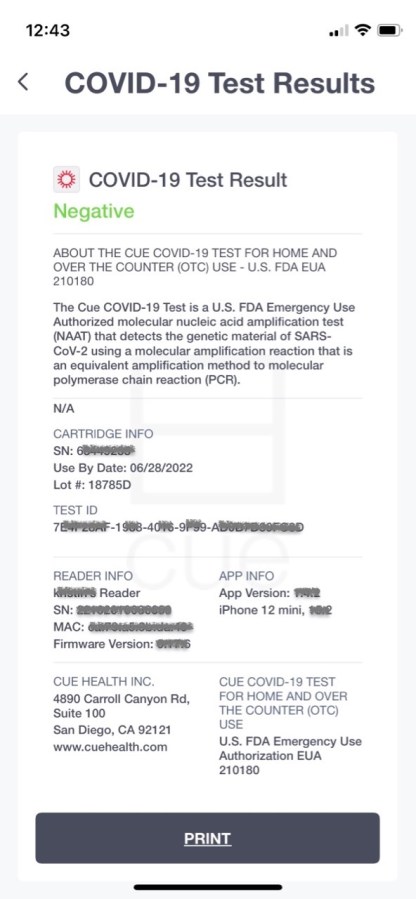 Cue Health App screenshots on iPhone -negative result printable