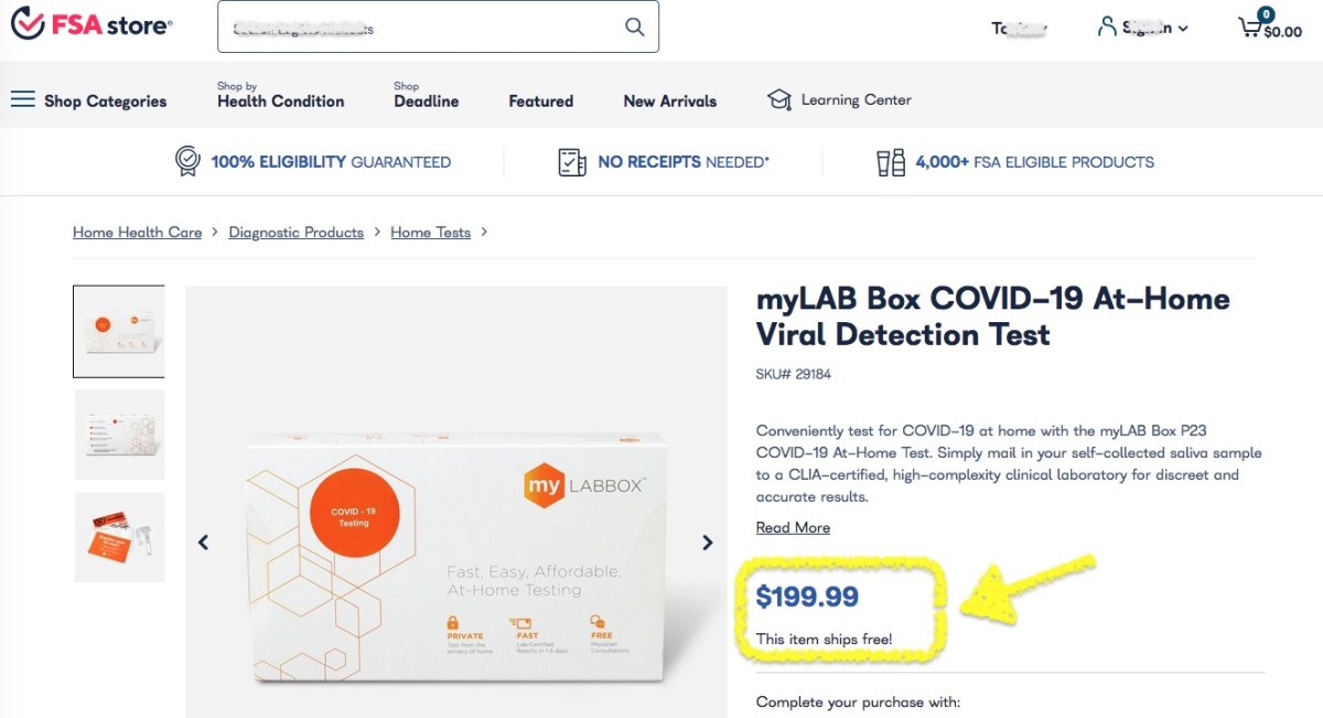 Screen shot of online store selling $200 COVID home test