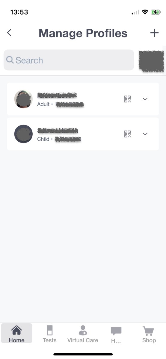 Screenshot from iPhone headed Manage Profiles showing one adult and one child