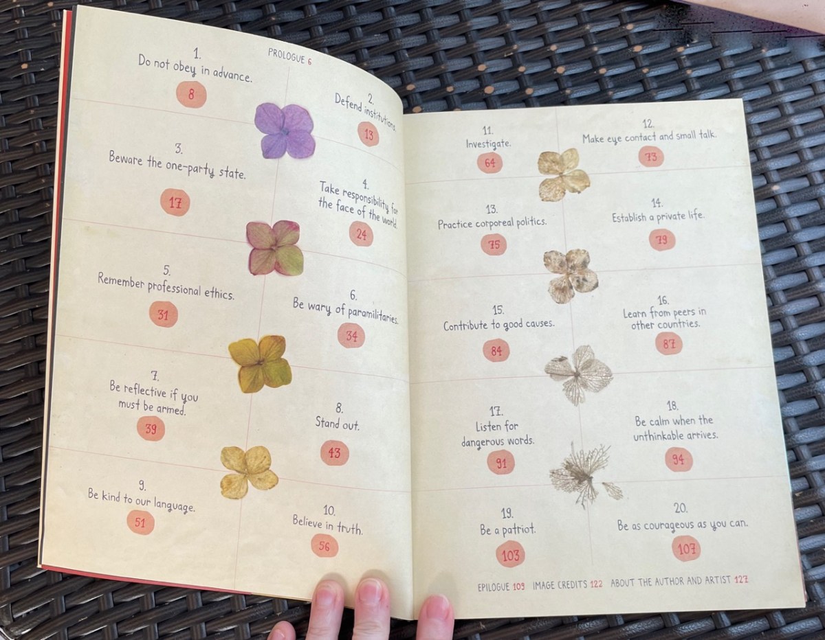 On Tyranny graphic novel contents detail: 20 admonitions including Do not obey in advance, Defend institutions, etc.