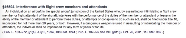 Screen shot of U.S. Code section relating to interference with flight crew