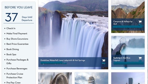 Cruise line booking page headlined 37 days before you leave with photos of Icelandic ports