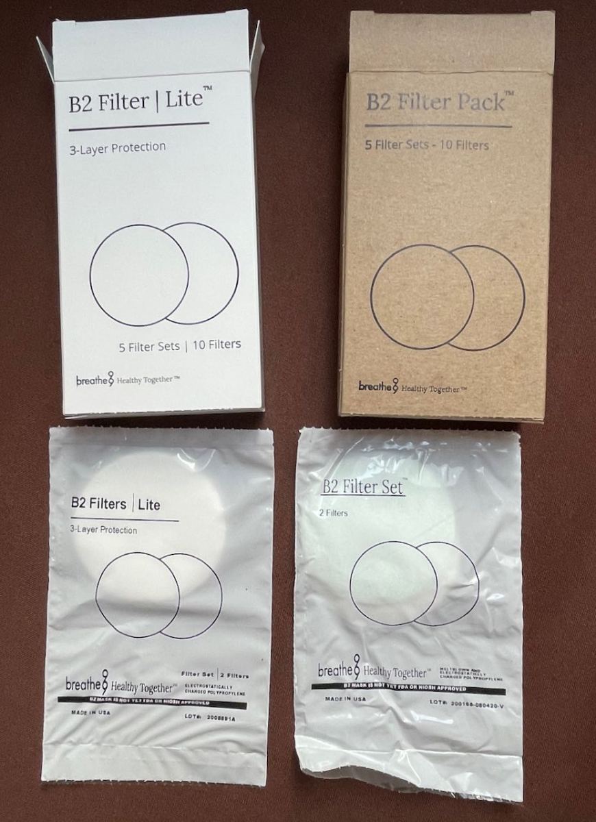 B2 Lite filter in white box, Original filter in tan box; all come individually wrapped in sets of 2