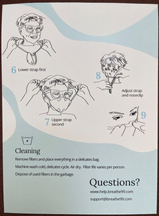 Back side of Quick Start card showing how to put on B2 mask